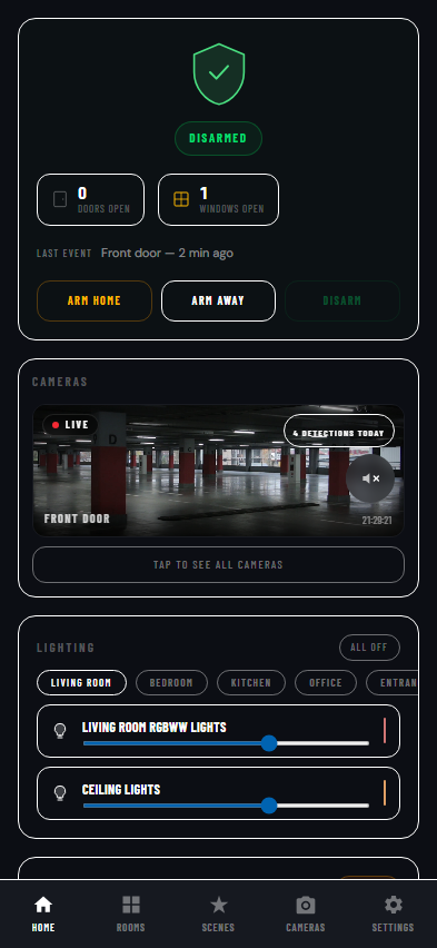 SmartBoyz app on a phone showing room controls